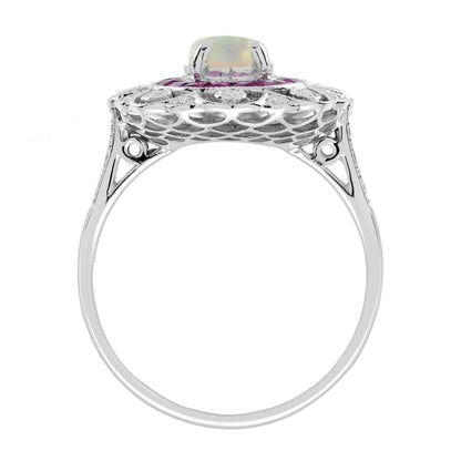 Oval Shape White Opal & Ruby Halo and Diamond Art Deco Style Halo Gold Ring