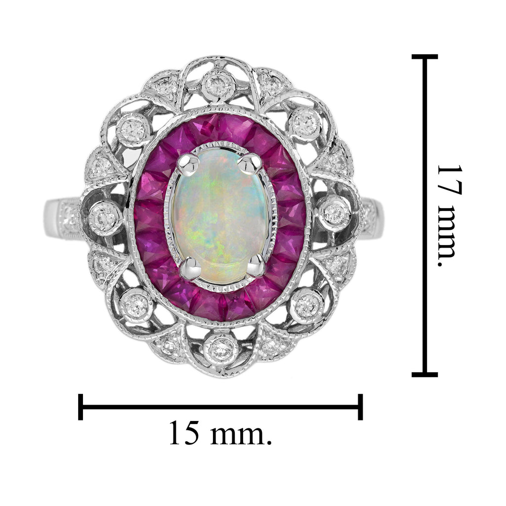 Oval Shape White Opal & Ruby Halo and Diamond Art Deco Style Halo Gold Ring