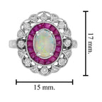 Oval Shape White Opal & Ruby Halo and Diamond Art Deco Style Halo Gold Ring