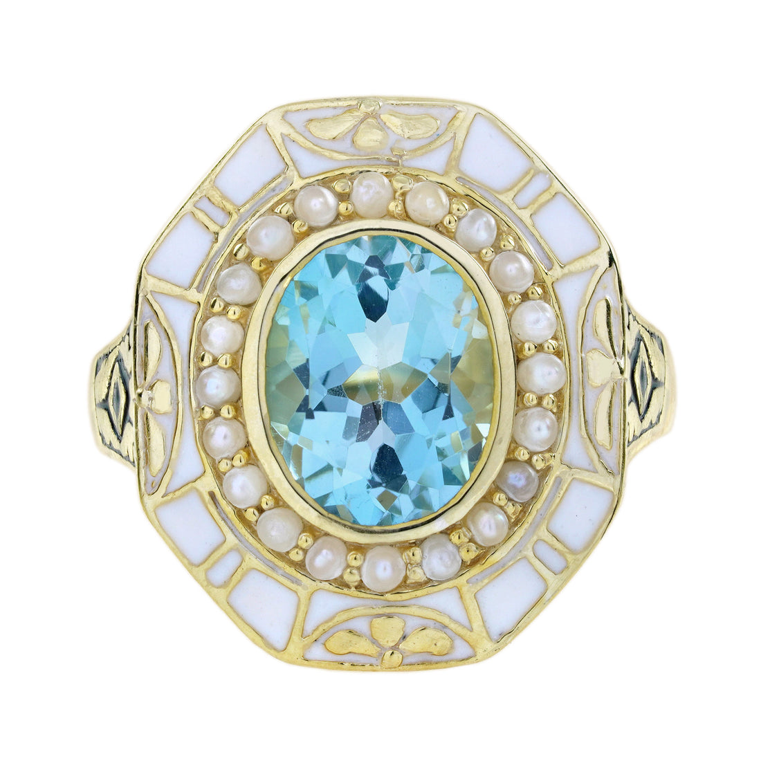 Oval Shape Blue Topaz &amp; Pearl White Enamel Antique Style Yellow Gold Ring