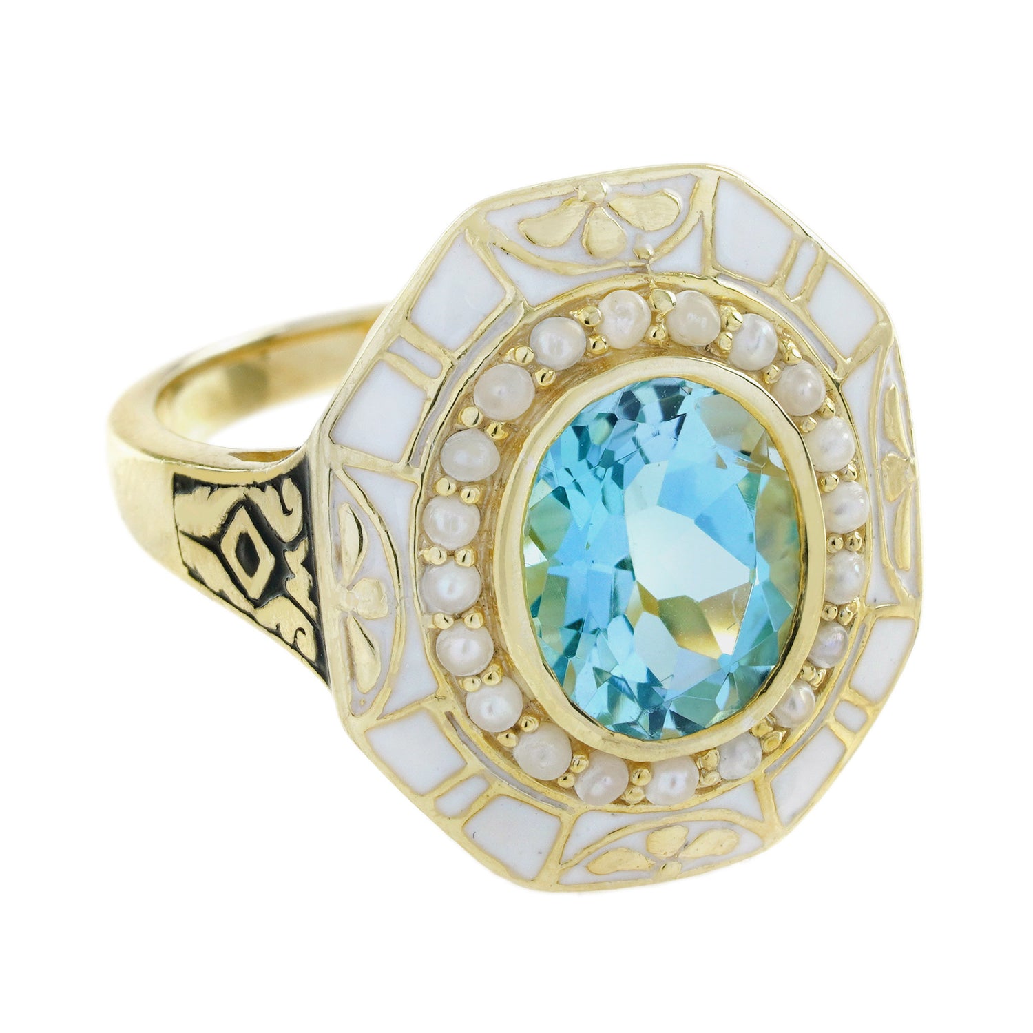 Oval Shape Blue Topaz &amp; Pearl White Enamel Antique Style Yellow Gold Ring
