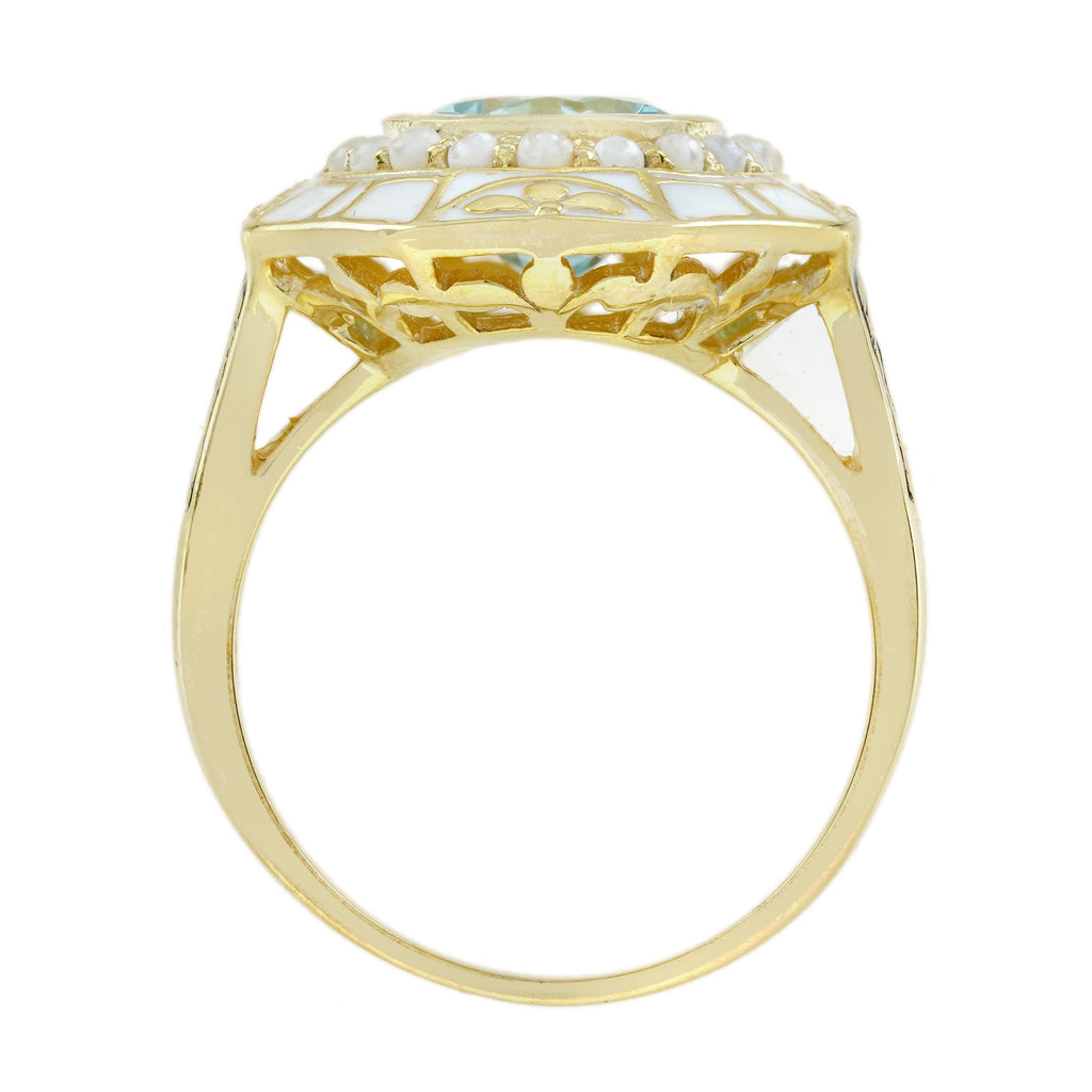 Oval Shape Blue Topaz & Pearl White Enamel Antique Style Yellow Gold Ring