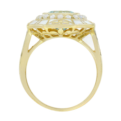 Oval Shape Blue Topaz &amp; Pearl White Enamel Antique Style Yellow Gold Ring