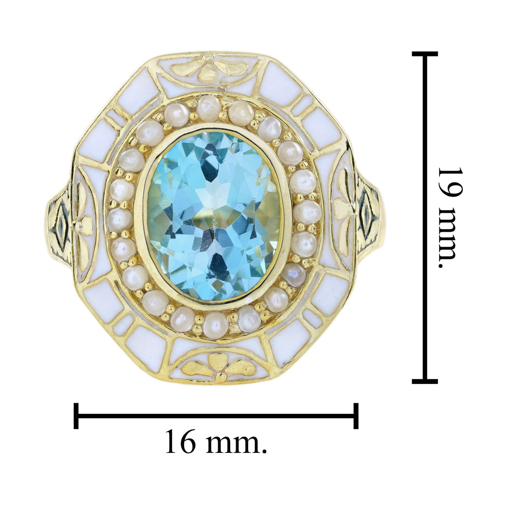 Oval Shape Blue Topaz & Pearl White Enamel Antique Style Yellow Gold Ring