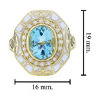 Oval Shape Blue Topaz & Pearl White Enamel Antique Style Yellow Gold Ring