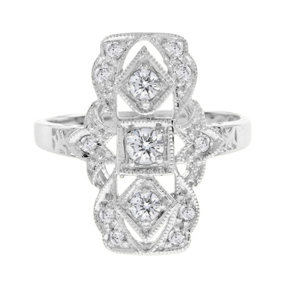 Art Deco Style Three Stone Diamond Filigree 14K White Gold Ring