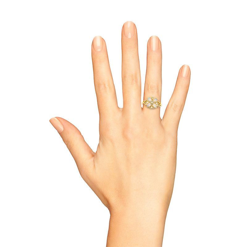 Spring Bloom Pure White Opal Floral Flower Vintage Style 14K Yellow Gold Ring