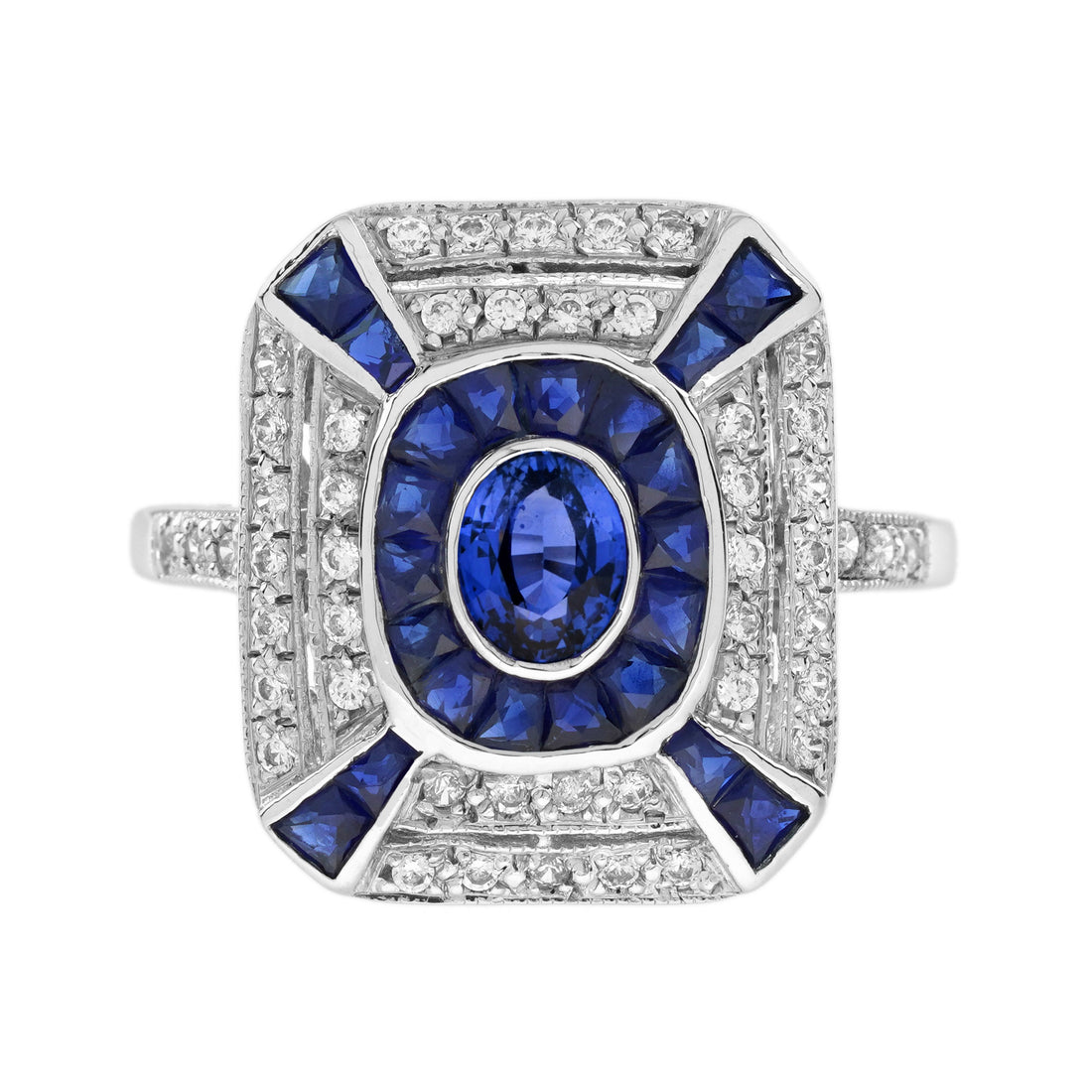 Oval Shape Blue Sapphire & Diamond Art Deco Style Halo 14K White Gold Ring