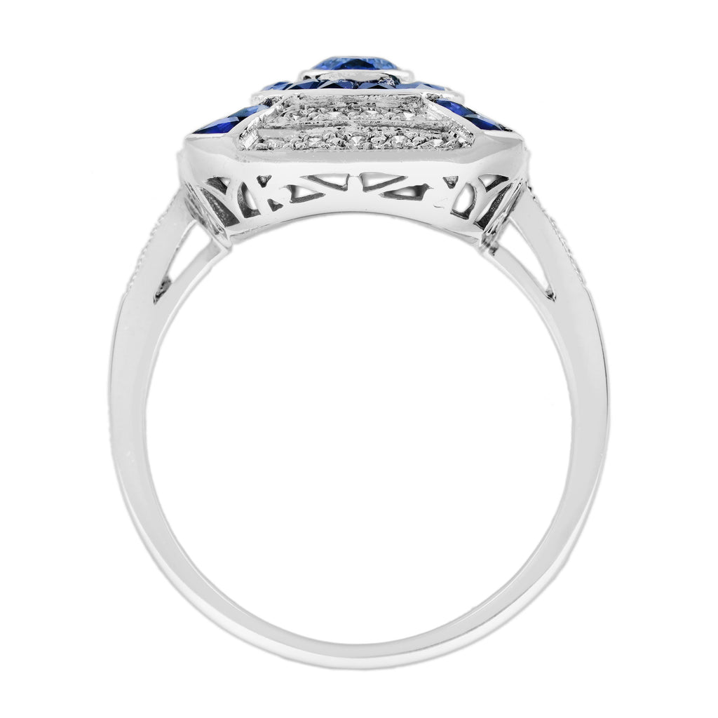 Oval Shape Blue Sapphire & Diamond Art Deco Style Halo 14K White Gold Ring
