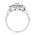 Oval Shape Blue Sapphire & Diamond Art Deco Style Halo 14K White Gold Ring
