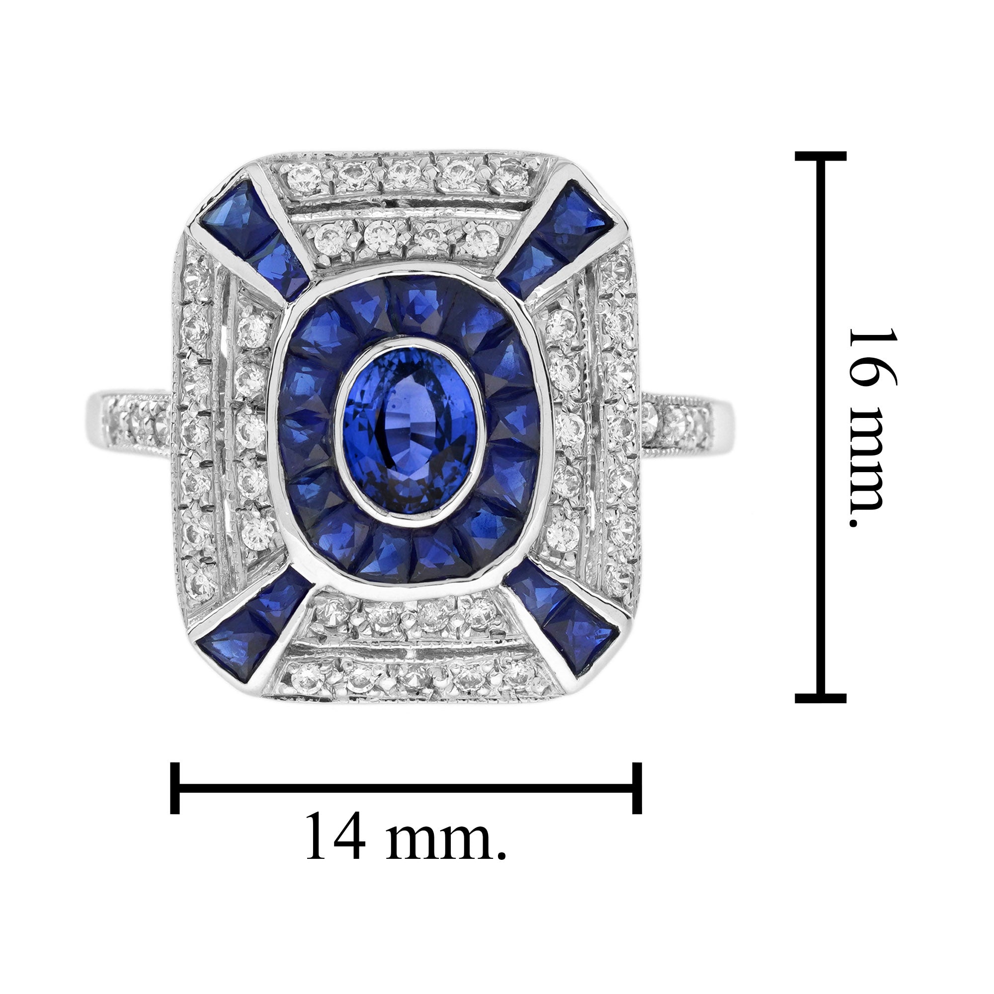 Oval Shape Blue Sapphire &amp; Diamond Art Deco Style Halo 14K White Gold Ring