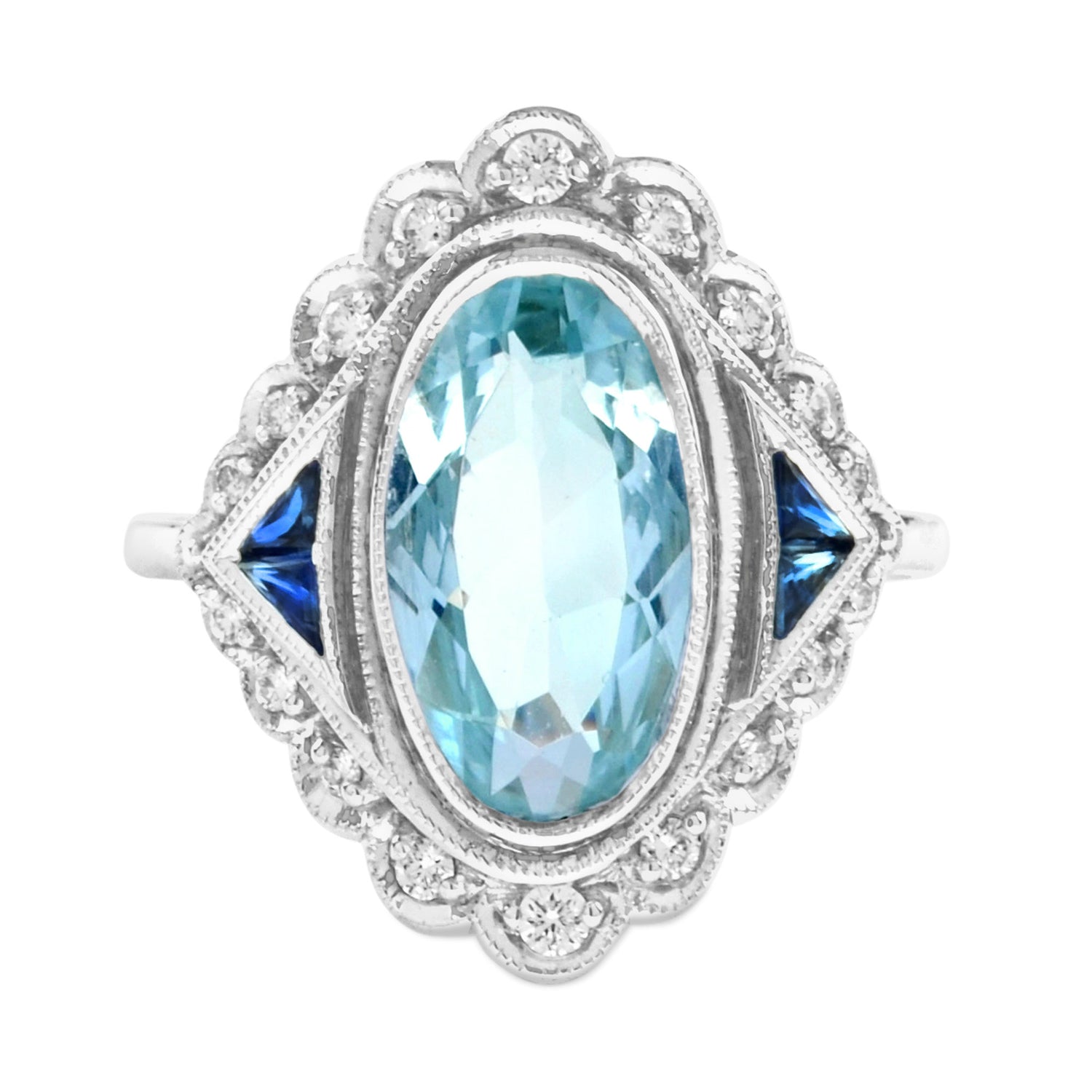 Vintage Style Oval Blue Aquamarine &amp; Sapphire Diamond Cocktail White Gold Ring