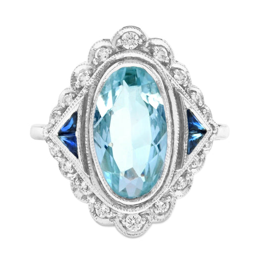 Vintage Style Oval Blue Aquamarine & Sapphire Diamond Cocktail White Gold Ring