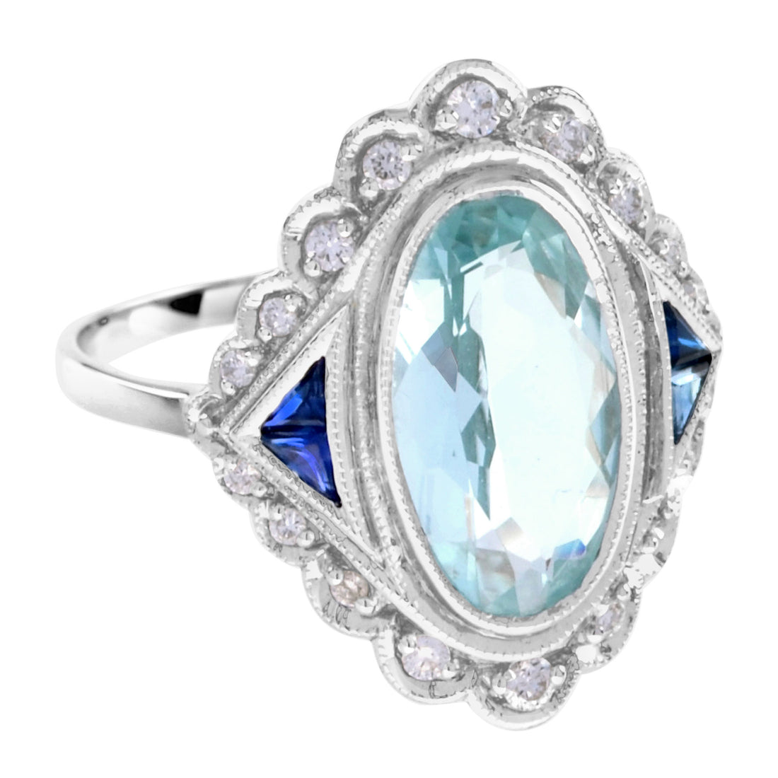Vintage Style Oval Blue Aquamarine &amp; Sapphire Diamond Cocktail White Gold Ring