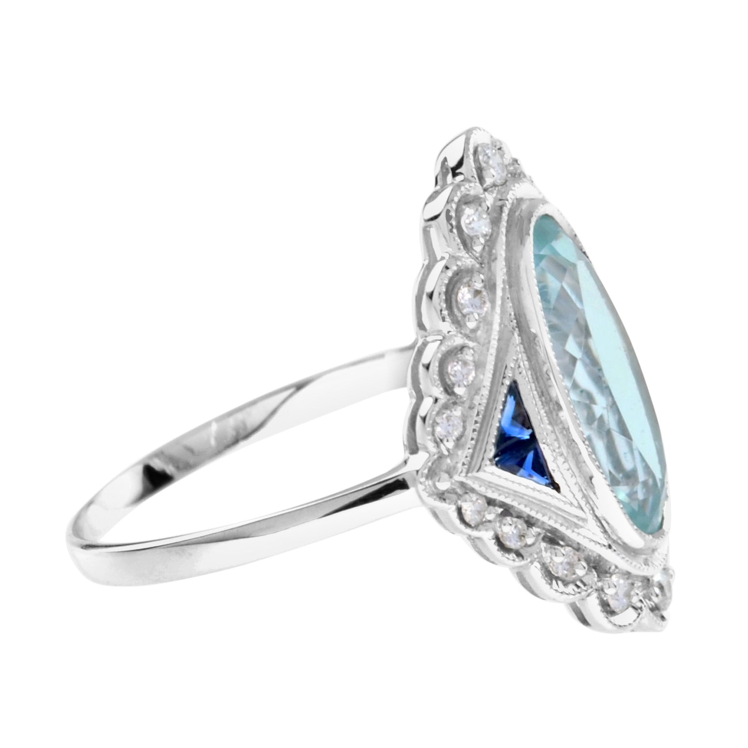 Vintage Style Oval Blue Aquamarine &amp; Sapphire Diamond Cocktail White Gold Ring