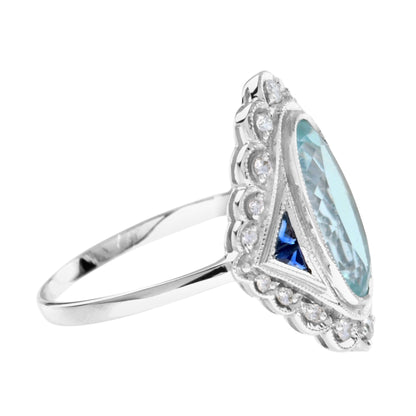 Vintage Style Oval Blue Aquamarine &amp; Sapphire Diamond Cocktail White Gold Ring