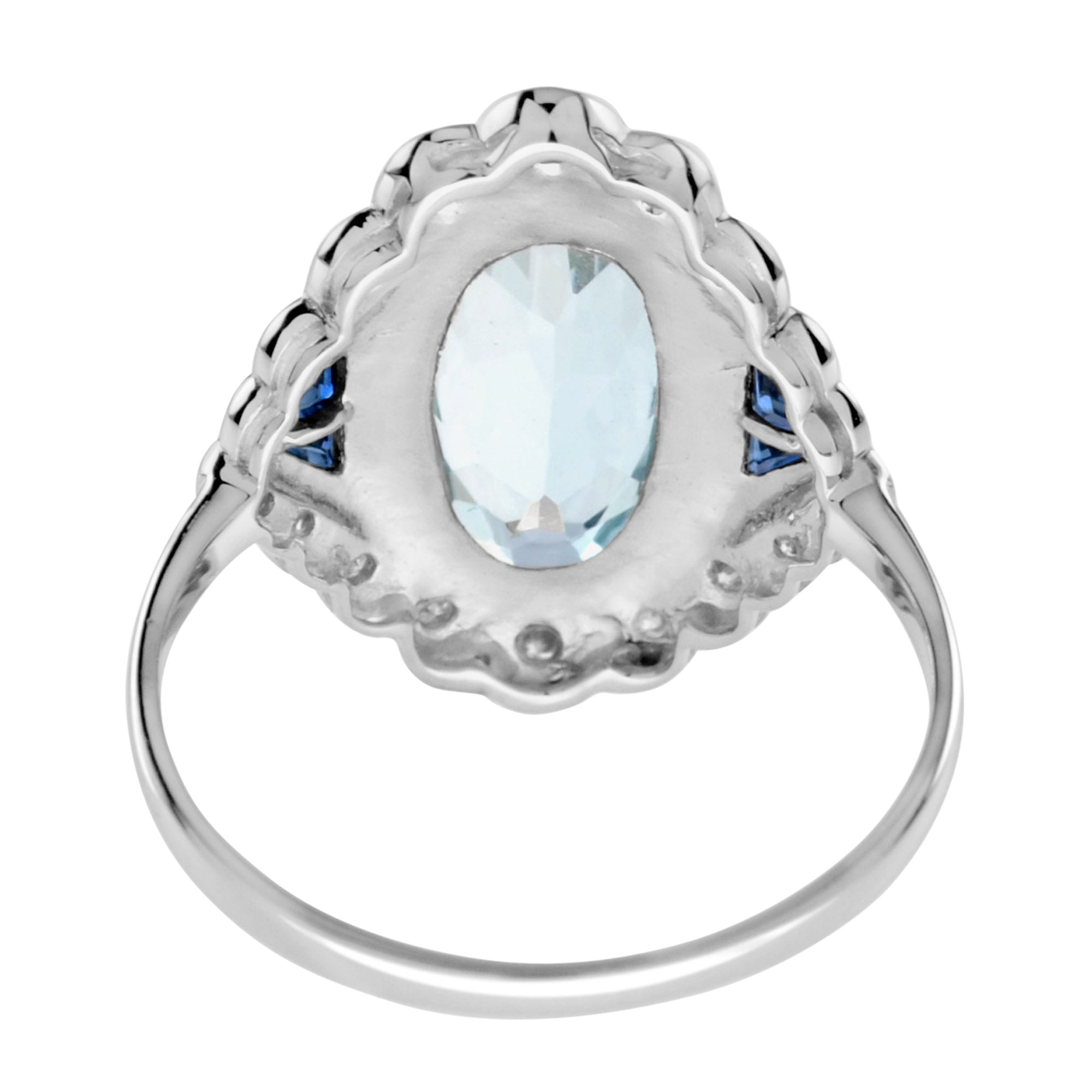 Vintage Style Oval Blue Aquamarine &amp; Sapphire Diamond Cocktail White Gold Ring