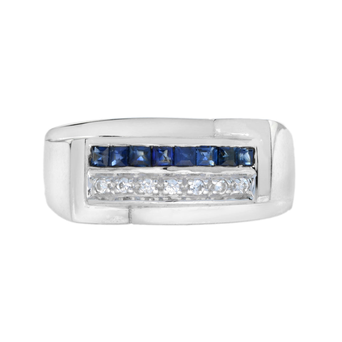 Art Deco Style Square Cut Blue Sapphire & Diamond 14K White Gold Mens Ring