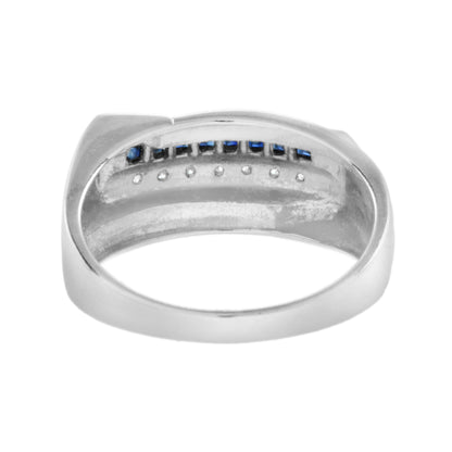 Art Deco Style Square Cut Blue Sapphire &amp; Diamond 14K White Gold Mens Ring