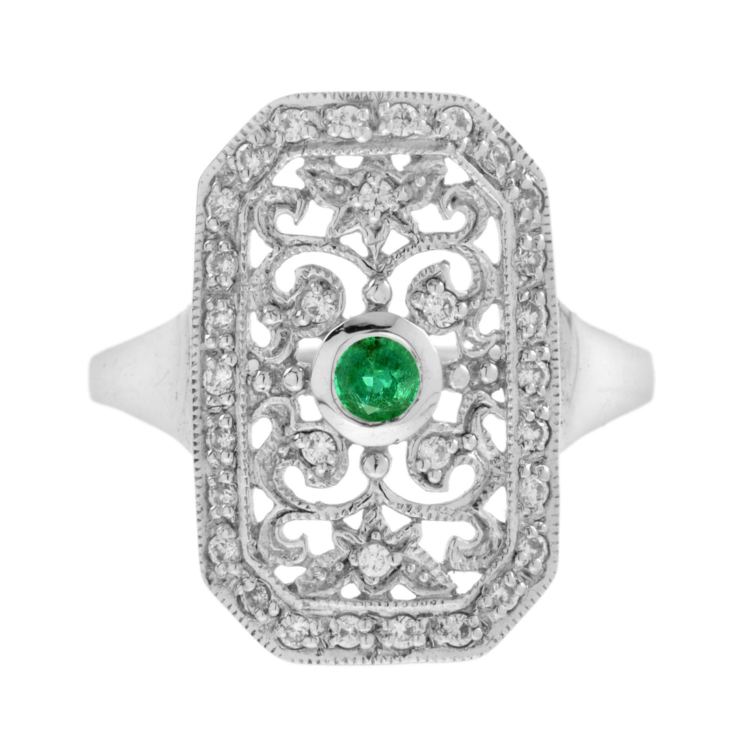 Green Emerald & Diamond Vintage Style Filigree 14K White Gold Shield Ring