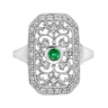 Green Emerald & Diamond Vintage Style Filigree 14K White Gold Shield Ring