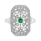 Green Emerald & Diamond Vintage Style Filigree 14K White Gold Shield Ring
