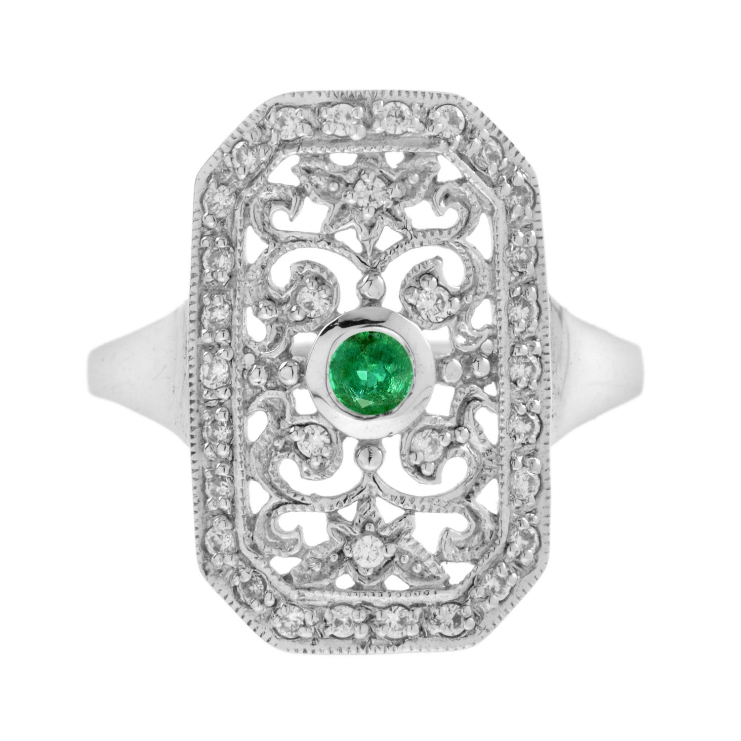 Green Emerald &amp; Diamond Vintage Style Filigree 14K White Gold Shield Ring