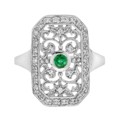 Green Emerald & Diamond Vintage Style Filigree 14K White Gold Shield Ring
