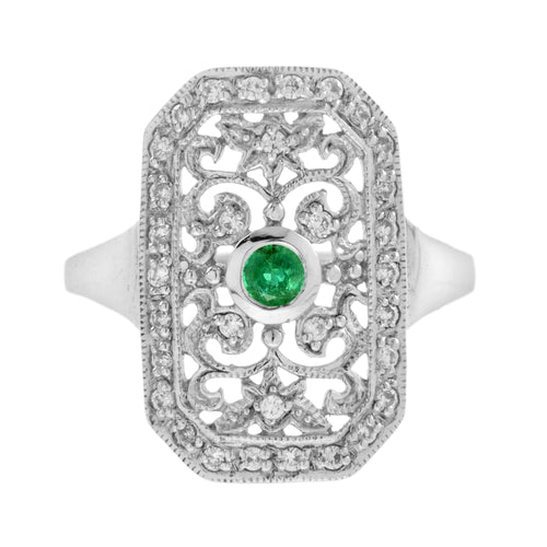 Green Emerald & Diamond Vintage Style Filigree 14K White Gold Shield Ring