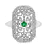 Green Emerald & Diamond Vintage Style Filigree 14K White Gold Shield Ring