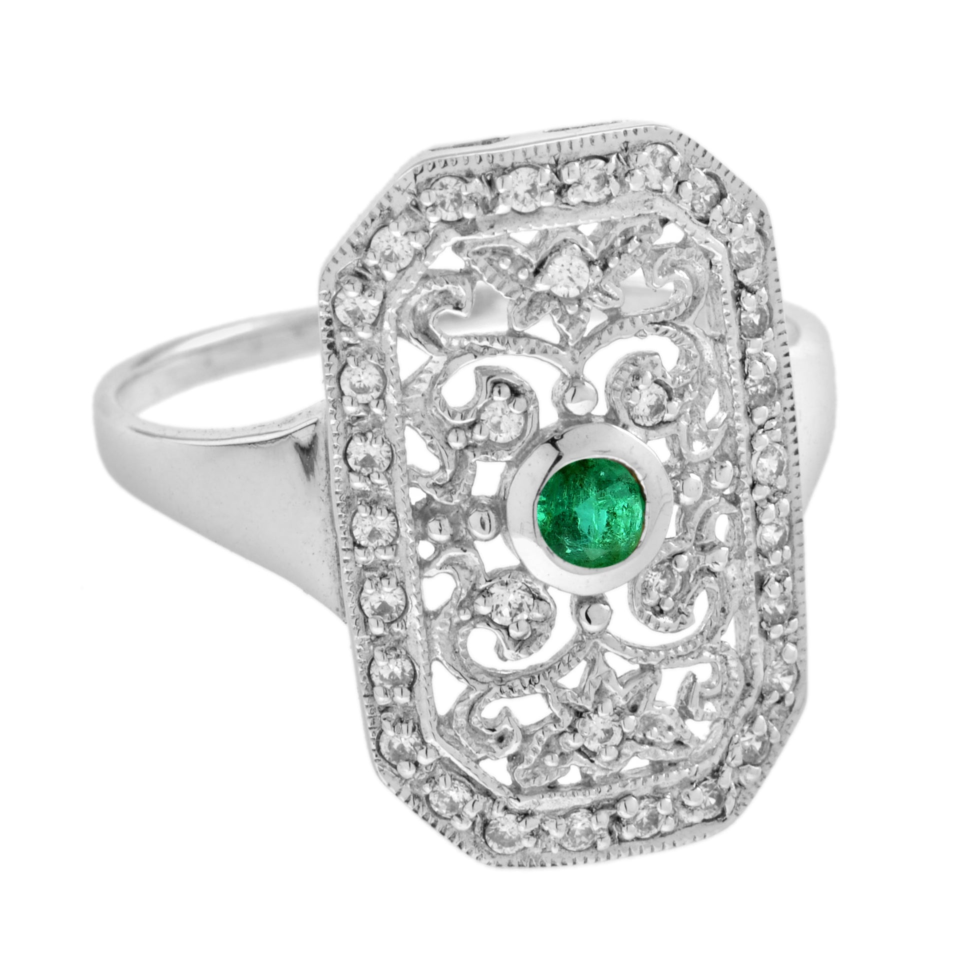 Green Emerald & Diamond Vintage Style Filigree 14K White Gold Shield Ring