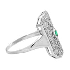 Green Emerald & Diamond Vintage Style Filigree 14K White Gold Shield Ring