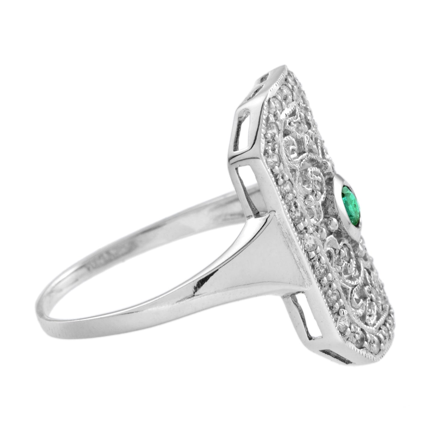 green emerald & diamond vintage style filigree 14k white gold shield ring