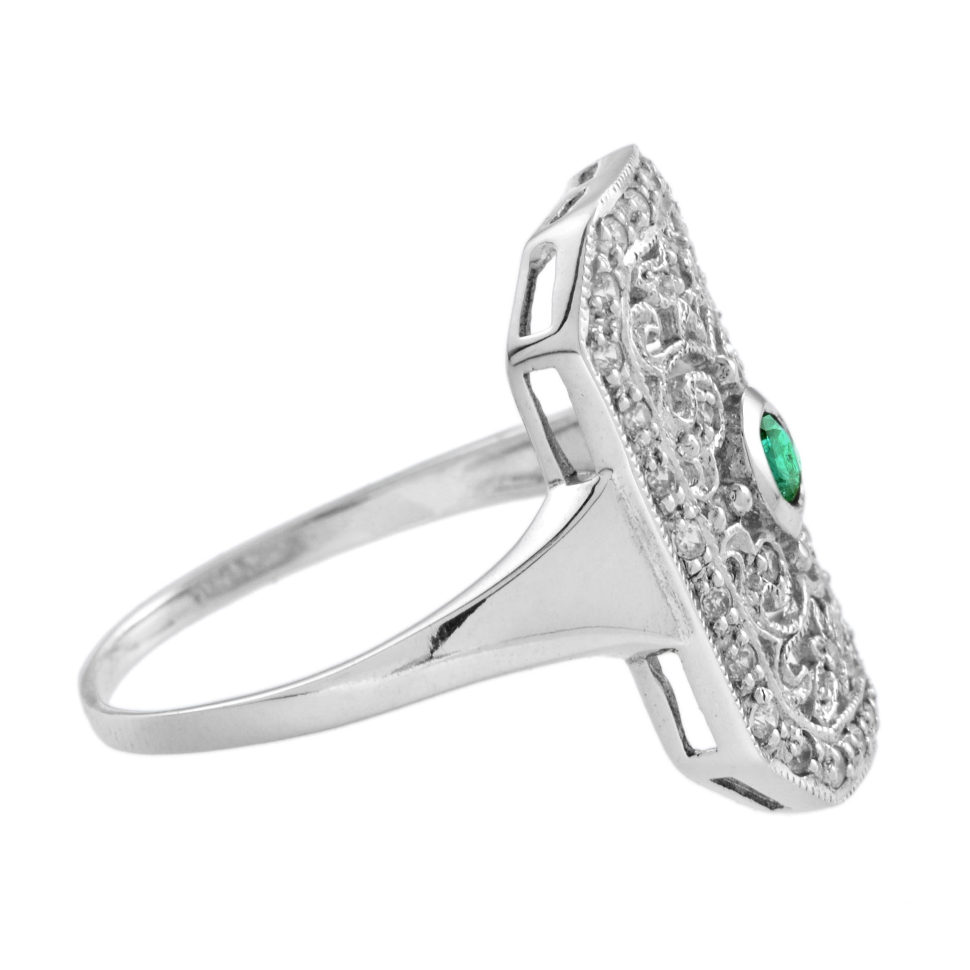Green Emerald & Diamond Vintage Style Filigree 14K White Gold Shield Ring