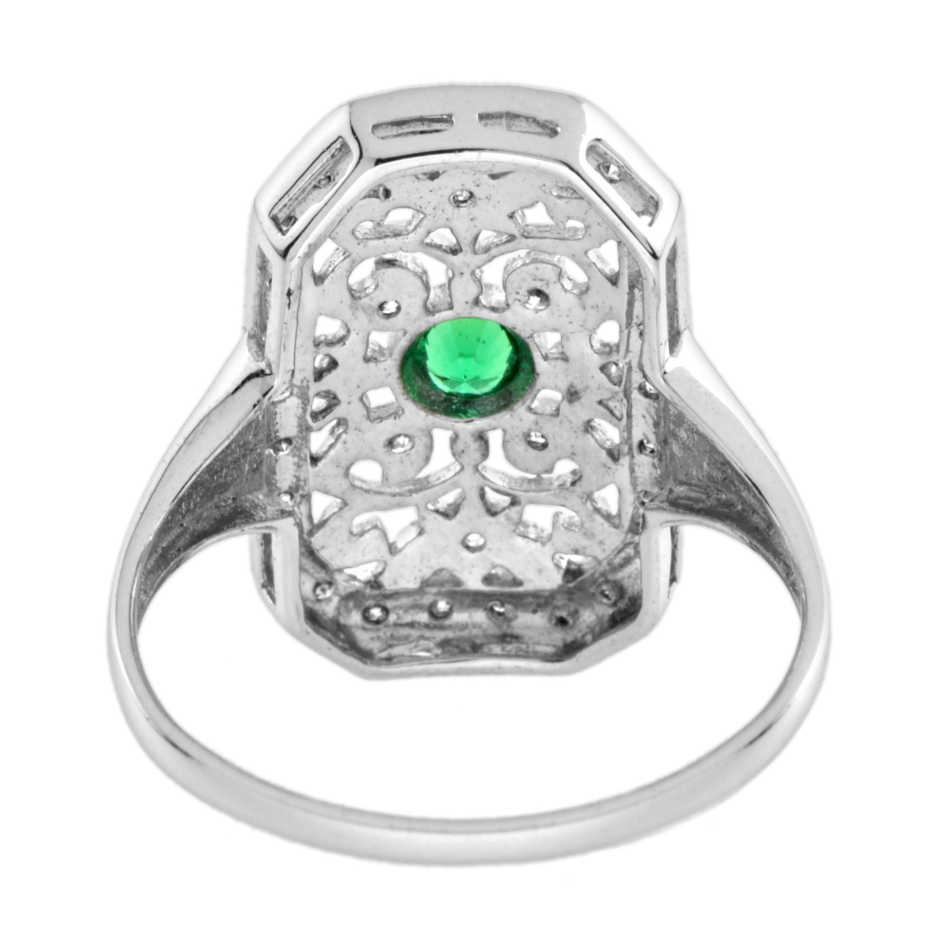 Green Emerald & Diamond Vintage Style Filigree 14K White Gold Shield Ring