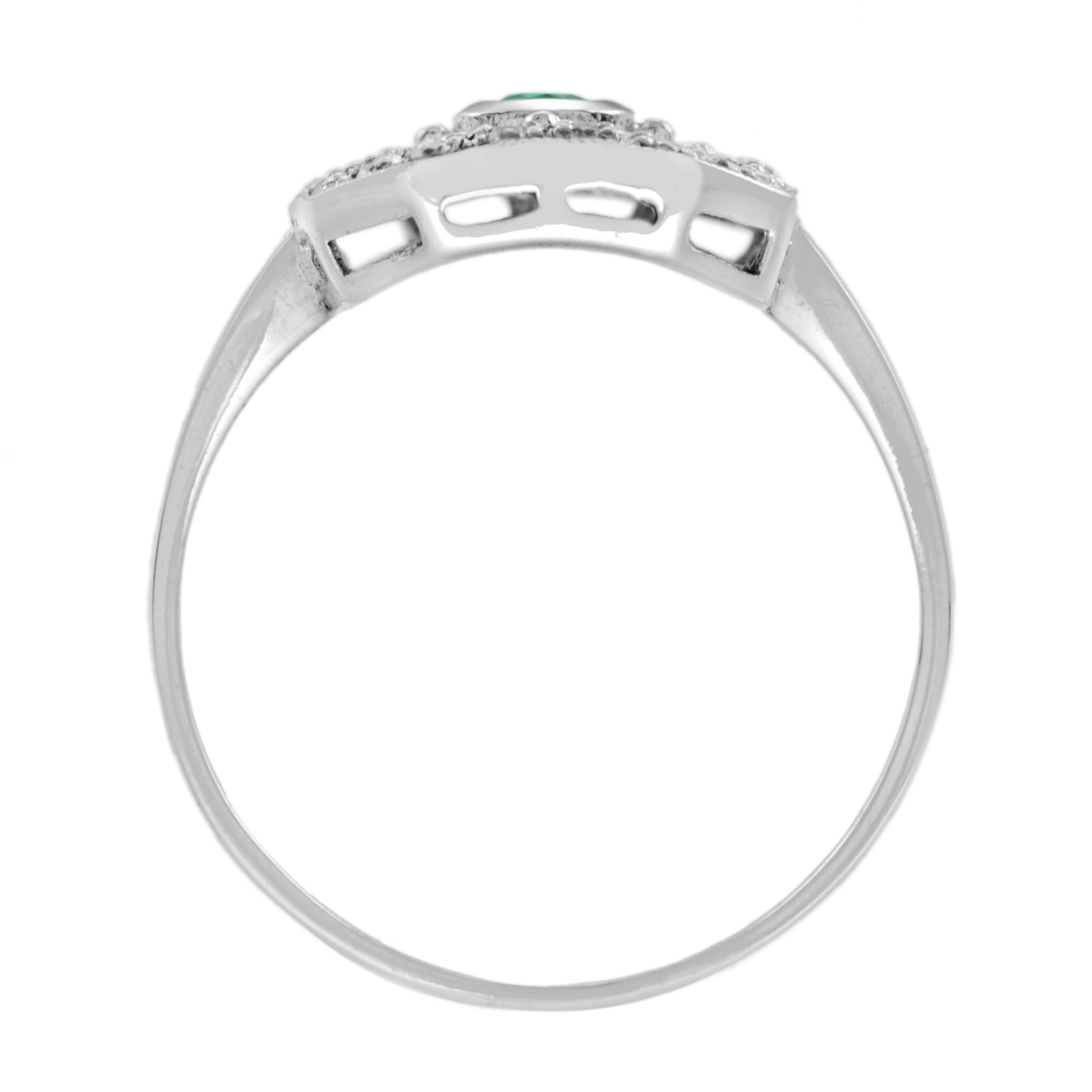 Green Emerald & Diamond Vintage Style Filigree 14K White Gold Shield Ring