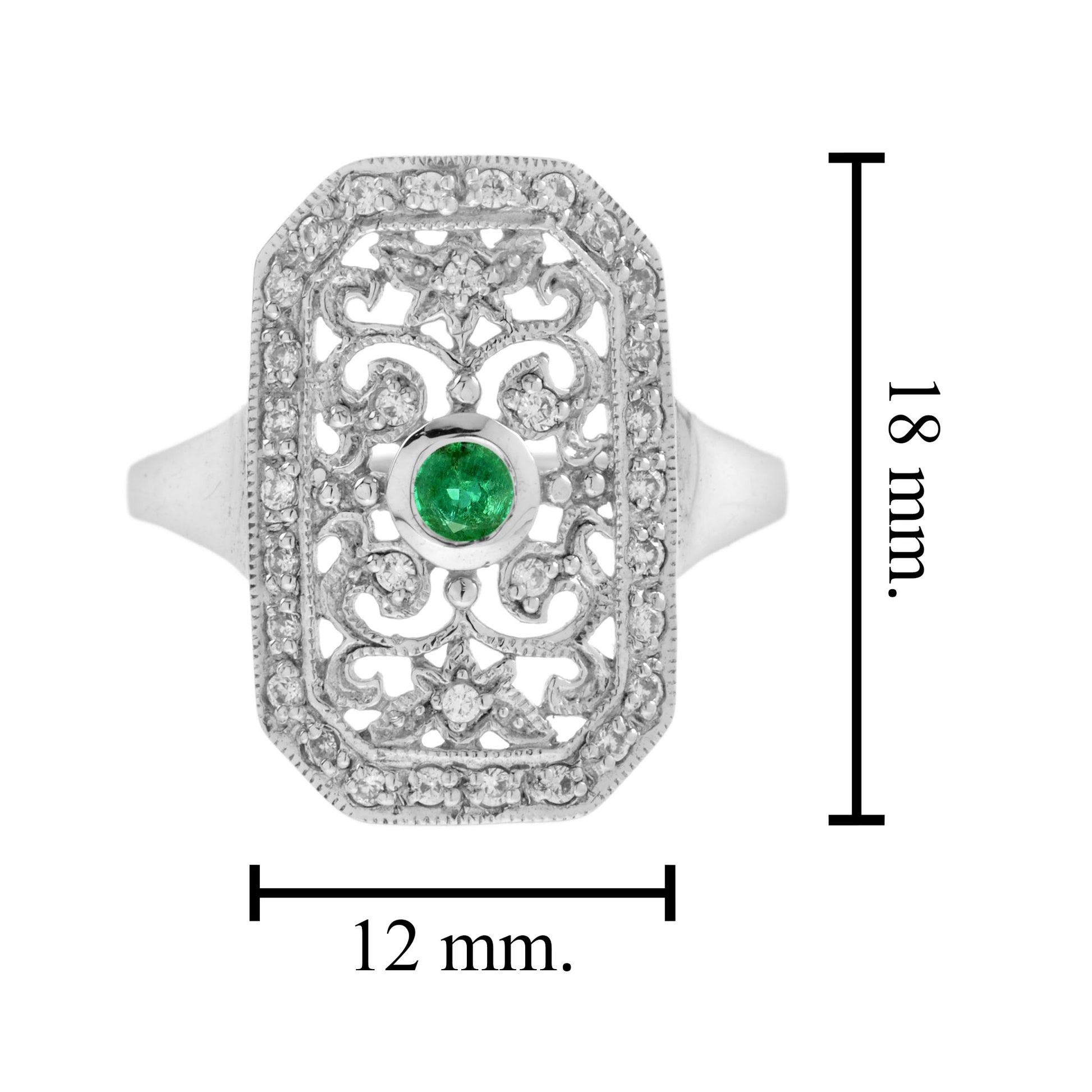 Green Emerald & Diamond Vintage Style Filigree 14K White Gold Shield Ring