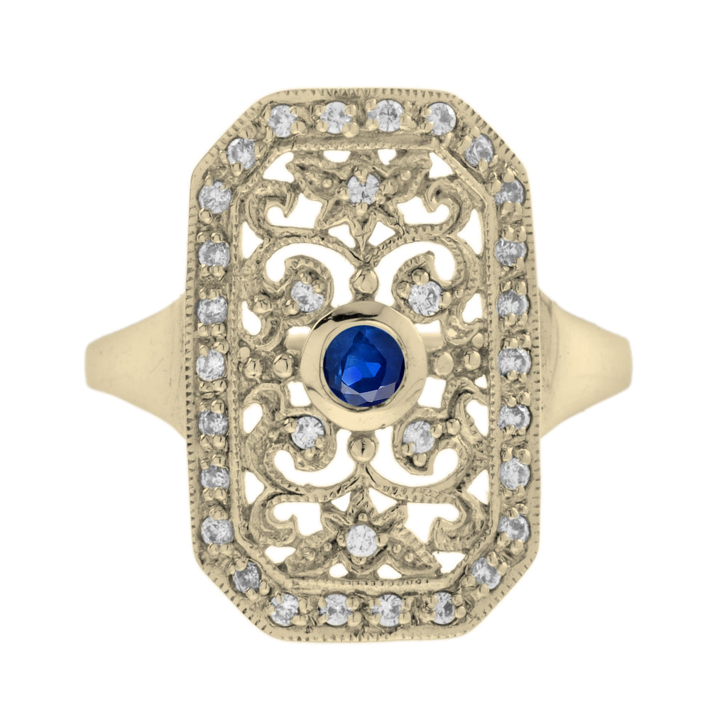 Blue Sapphire & Diamond Vintage Style Filigree 14K Yellow Gold Shield Ring