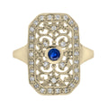 Blue Sapphire & Diamond Vintage Style Filigree 14K Yellow Gold Shield Ring