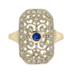 Blue Sapphire & Diamond Vintage Style Filigree 14K Yellow Gold Shield Ring