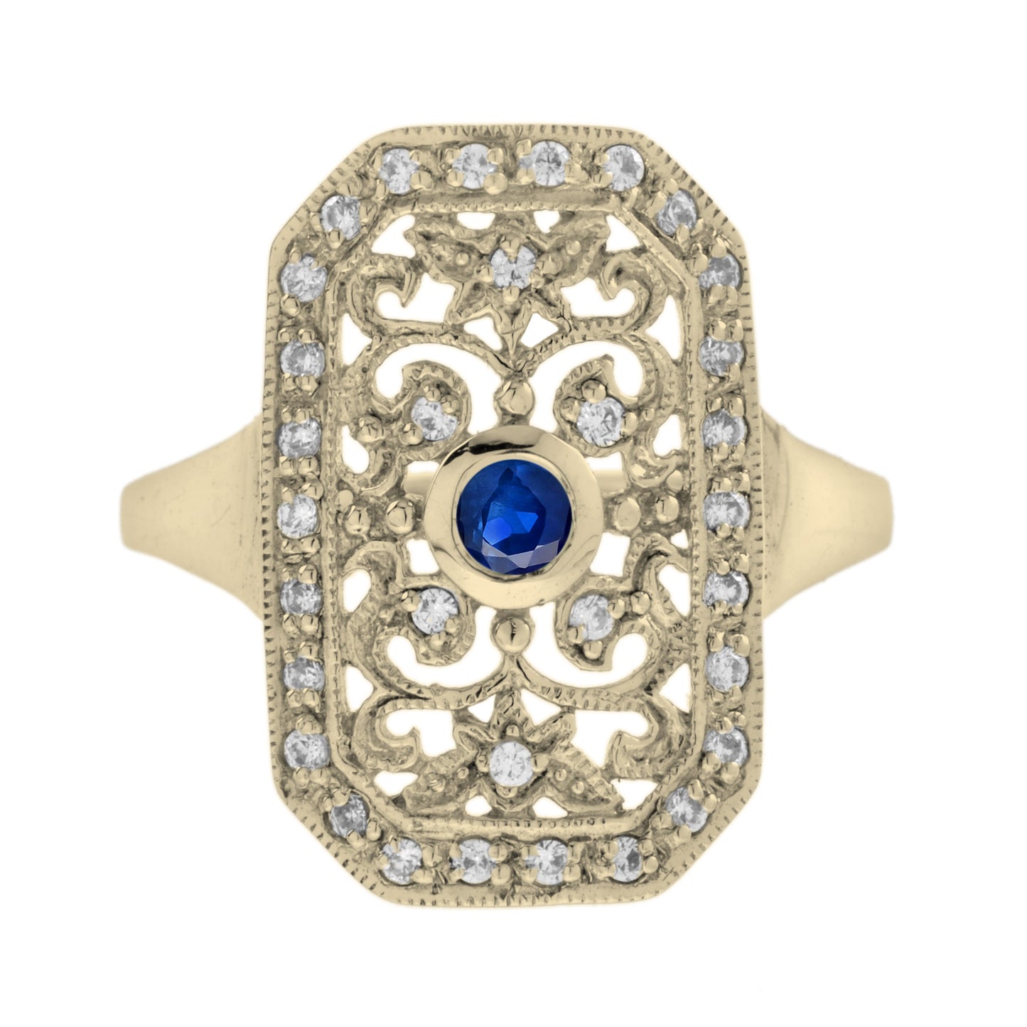 blue sapphire & diamond vintage style filigree 14k yellow gold shield ring