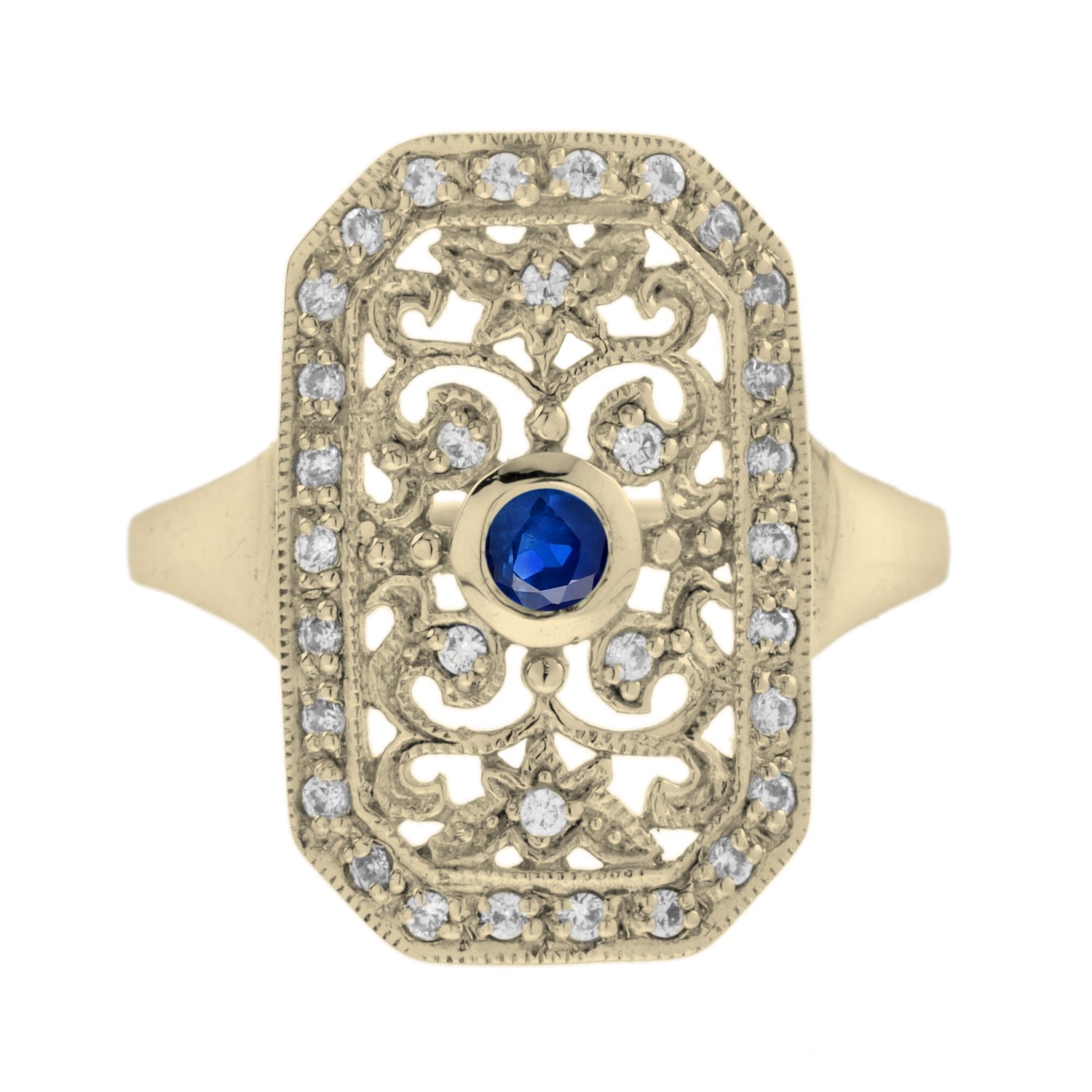 Blue Sapphire &amp; Diamond Vintage Style Filigree 14K Yellow Gold Shield Ring