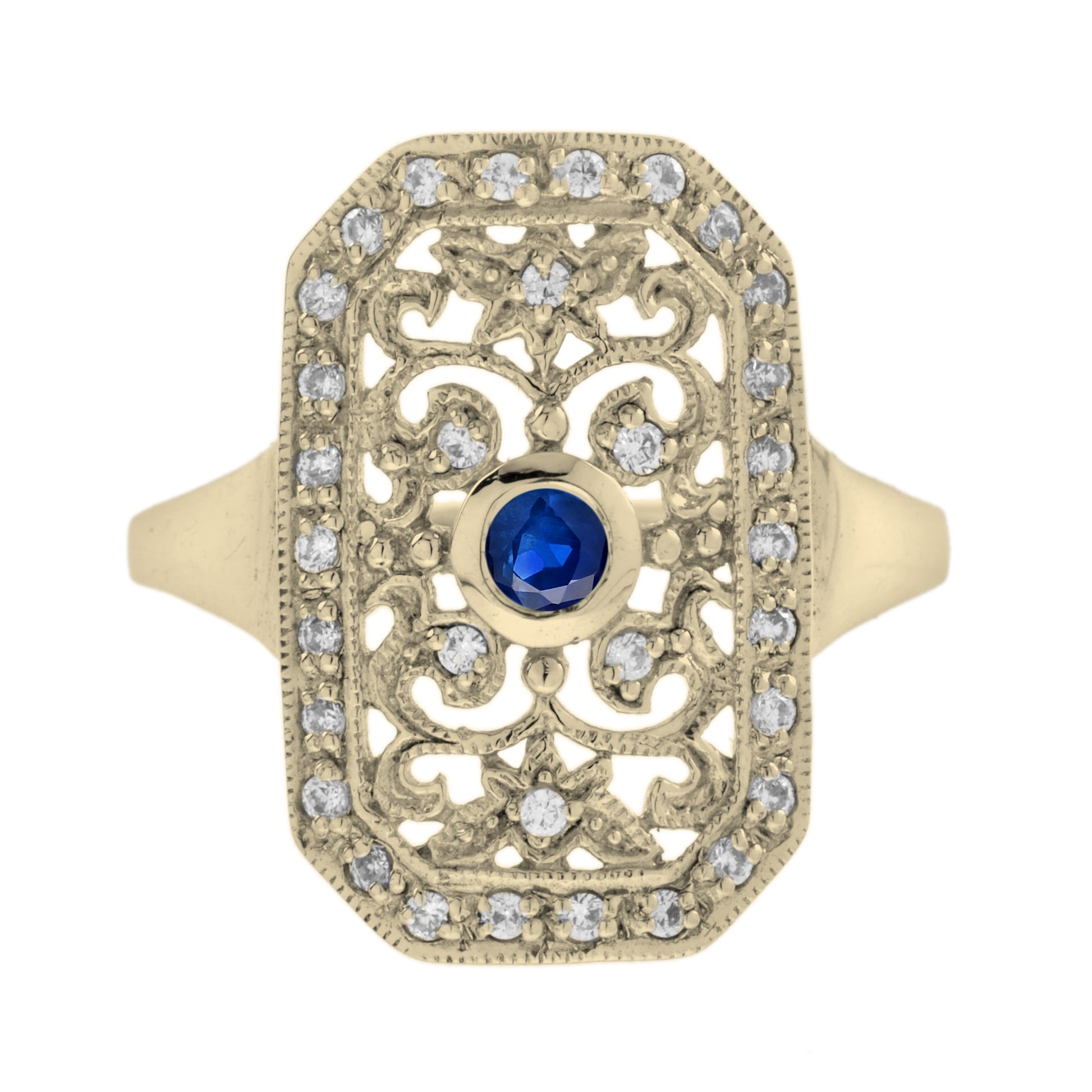 Blue Sapphire & Diamond Vintage Style Filigree 14K Yellow Gold Shield Ring