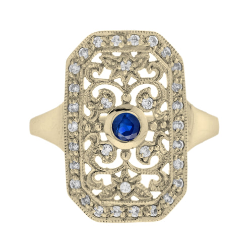 Blue Sapphire & Diamond Vintage Style Filigree 14K Yellow Gold Shield Ring