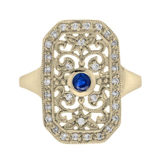 Blue Sapphire & Diamond Vintage Style Filigree 14K Yellow Gold Shield Ring