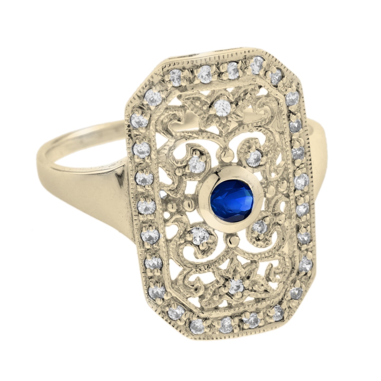 blue sapphire & diamond vintage style filigree 14k yellow gold shield ring