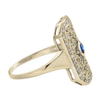Blue Sapphire & Diamond Vintage Style Filigree 14K Yellow Gold Shield Ring