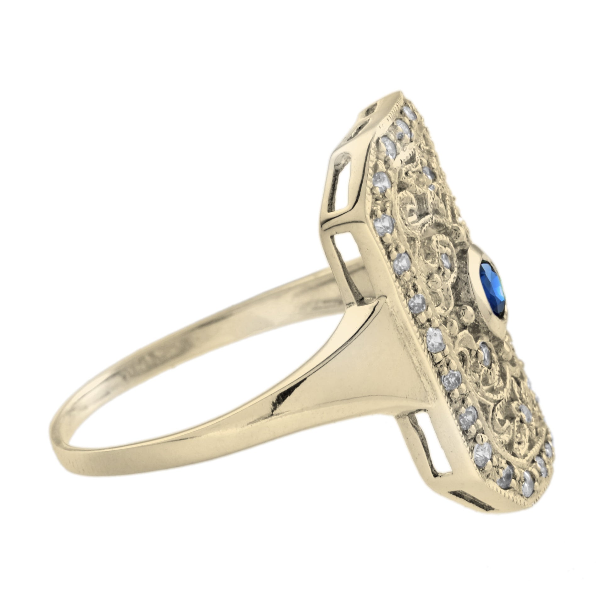 Blue Sapphire & Diamond Vintage Style Filigree 14K Yellow Gold Shield Ring