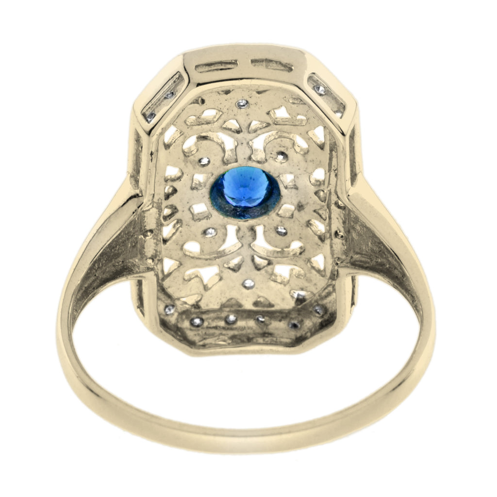 Blue Sapphire & Diamond Vintage Style Filigree 14K Yellow Gold Shield Ring