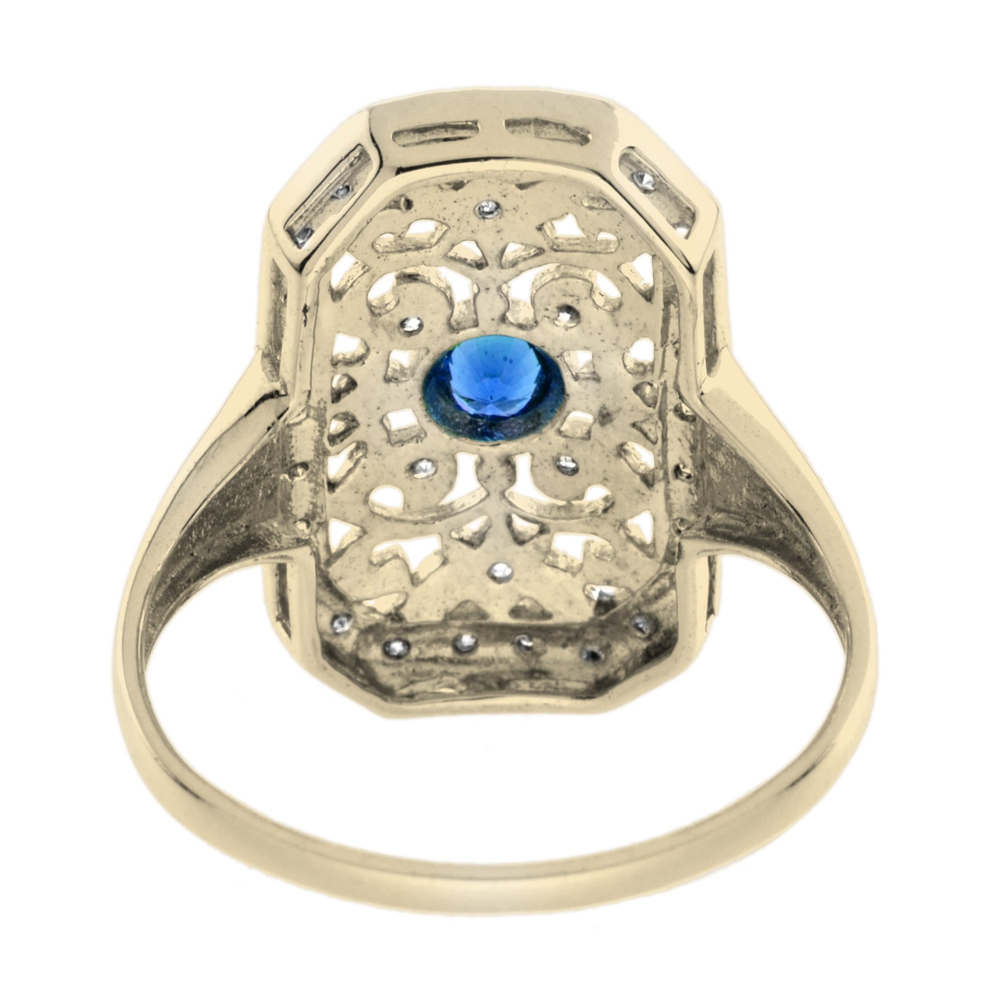 Blue Sapphire & Diamond Vintage Style Filigree 14K Yellow Gold Shield Ring